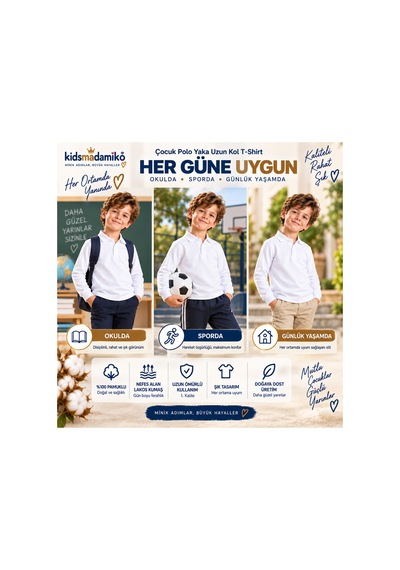 Kidsmadamiko Kız Çocuk Kız Çocuk Polo Yaka T-shirt Uzun Kollu Manşetli %100 Beyaz