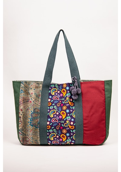 Fabric Craft Bag Omuz Çantası Kadın Duck Kumaş Desenli Büyük Boy Günlük Çanta Yeşil - Kırmızı