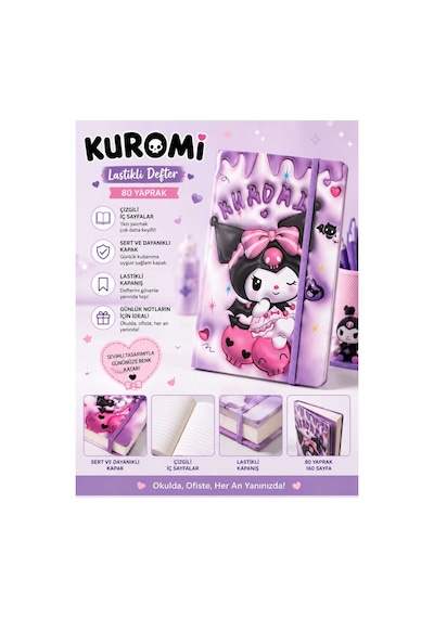 Kuromi Figürlü Lastikli Sert Kapak Defter Çizgili 80 Yaprak Çok Renkli Çok Renkli