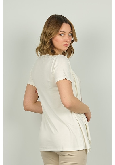 Ella Camelia Kadın Desenli Kısa Kol Tek Parça Bluz 20e014 Ekru