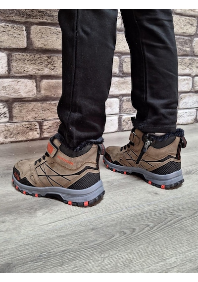 Rahat İçi Kürklü Ortopedik Taban Outdoor Spor Cırtlı Fermuarlı Çocuk Botu Vizon