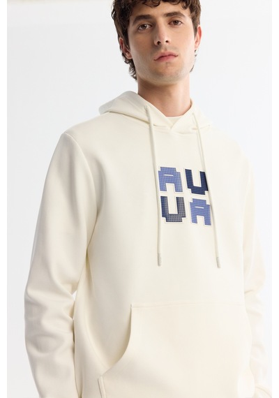 Avva Erkek Ekru Kapüşonlu Pamuklu Baskılı Elastan Regular Fit Sweatshirt A42y1324