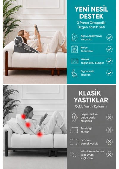 Ortopedik Üçgen Yastık Seti 3 Parça Sırt Bel Boyun Destek Minderi Ayarlanabilir Yıkanabilir Kılıflı Beyaz