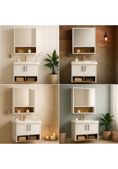 Dmz Home Concept Legna 65 Cm Banyo Dolabı Takımı Beyaz & Ahşap Mdf Seramik Lavabolu Alt Ve Üst Dolap