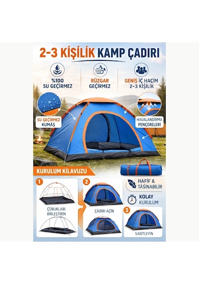Büro Ev Ofis Kamp Keyfi İçin 220x250x150cm 3kişilik Manuel Kurulum Doğa Çadırı Diğer