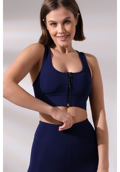 EMFURE Lacivert Fermuarlı Spor Büstiyer - Sports Bra / Crop Destekli Spor Sütyeni Lacivert