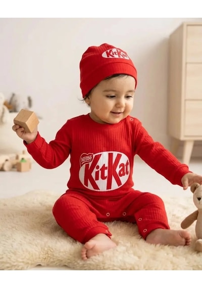 Kitkat Baskılı Unisex Bebe Tulum Kırmızı