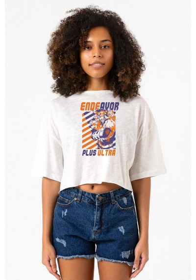 My Hero Academi Anime Endeavor Plus Ultra Beyaz Kırçıllı Kadın Crop Tshirt Beyaz