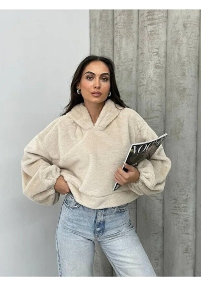 Mamayaga Kadın Crop Boy Yumuşacık Balon Uzun Kol Kapüşonlu Şık Kısa Sweatshirt Bej
