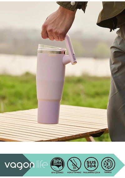 Vagonlife Tumbler 950ml Pipetli/pipetsiz Kullanım Fonksiyonel Kulplu Paslanmaz Çelik Termos Açık Mavi Diğer