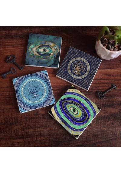 Nazar Taş Bardak Altlığı Seti - 4 Parça - Dekoratif, Rustik Mutfak Aksesuarı, 10x10 Cm, Kaydırmaz Tabanlı, Şık Diğer