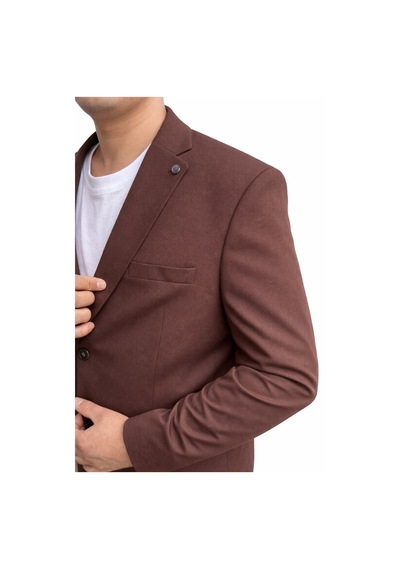 Erkek Slim Fit Mikro Dokulu Takım Elbise Çift Düğmeli Modern Kesim Kahverengi