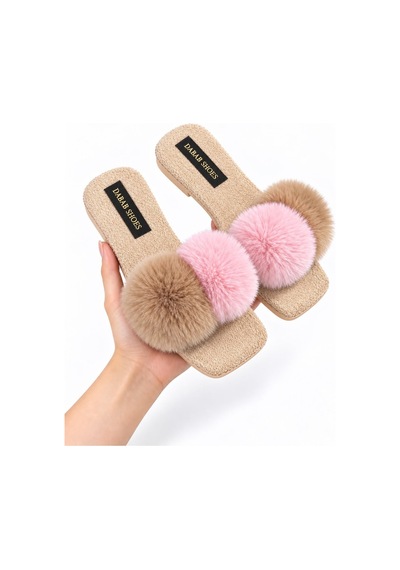 Dabab Shoes Pomella Kadın Bej Çift Ponponlu Peluş Bantlı Kaymaz Tabanlı Önü Açık Ev Terliği