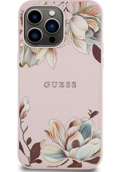Apple Uyumlu iPhone 14 Pro Max Kılıf Guess Lisanslı M-safe Özellikli Taneli Çiçek Tasarımlı Metal Logolu Pembe