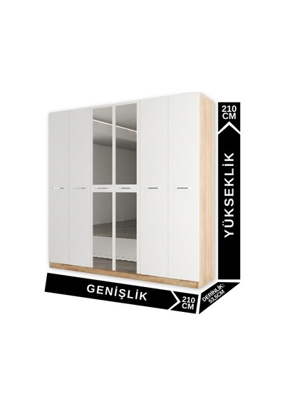 Aeka Ae-2191 Hisar Aynalı 6 Kapaklı Çok Bölmeli Askılı Ve Raflı Geniş Hacimli Gardırop 210x210 Cm Sonoma - Beyaz Aeka Ae-2191 Hisar Aynalı 6 Kapaklı Çok Bölmeli Askılı Ve Raflı Geniş Hacimli Gardırop 210x210 Cm Sonoma - Beyaz
