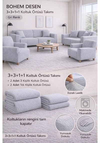 Bohem Desen Krem Lastikli Koltuk Örtüsü 3+3+1+1 Takımı Esnek Lastikli Koltuk Örtüsü Koltuk Kılıfı Gri Diğer