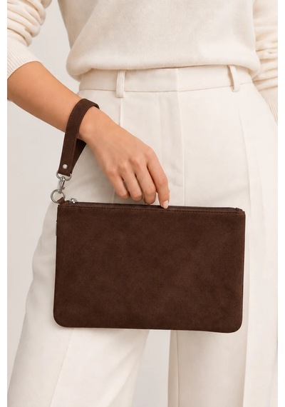 Adelina Bags Süet Portföy El Çantası Bilek Askılı Astarlı Acı Kahverengi Clutch Çanta Kahve