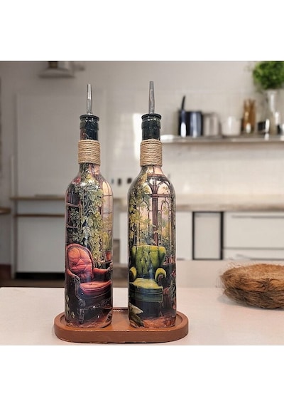 El Yapımı Rustik Koltuk Desenli Renkli 750 Ml Zeytinyağı Sıvıyağ Şişesi Yağdanlık Yağlık 2'li Set Çok Renkli