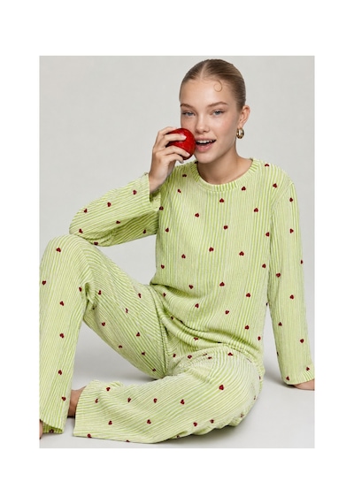 Fit Women Kadın Çizgili Kalp Desenli Uzun Yeşil Pijama Takımı