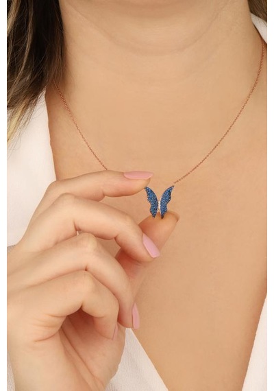Lacivert Taşlı Gümüş Kelebek Kolye Rose Gold