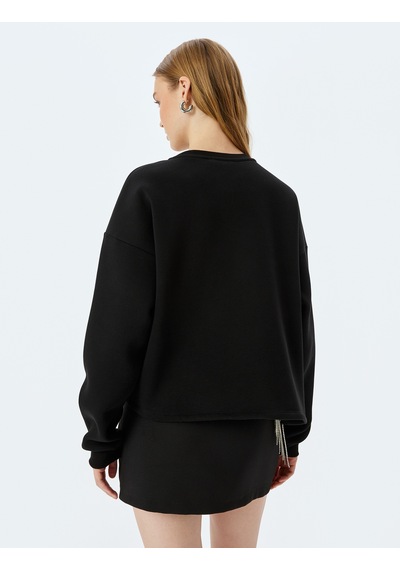 Koton Bisiklet Yaka Taş Detaylı Uzun Kollu Oversize Sweatshirt Siyah 5wal10771ık Siyah