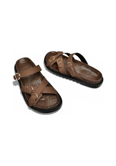 Fox Shoes Y250502502 Kahverengi Süet Tokalı Kadın Terlik Kahverengi