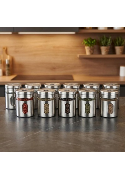 Deconox 12'li Metal Kaplı Cam Baharatlık Seti 60 Ml - Döner Başlıklı Paslanmaz Çelik Baharat Takımı Diğer
