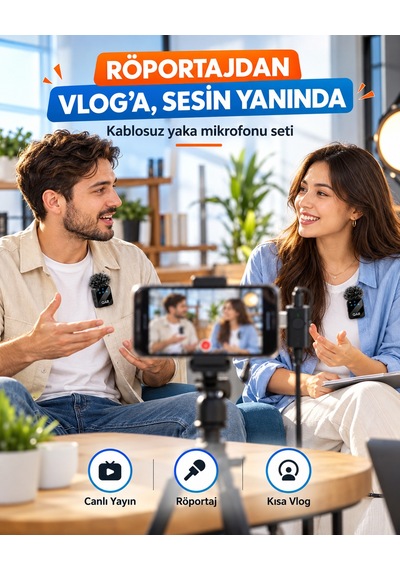 Kablosuz Yaka Mikrofonu 2 Li Mikrofon 3 İn 1 Wireless Microphone