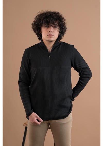 Fermuar Yaka Yarım Balıkçı Likralı Erkek Sweatshirt Siyah