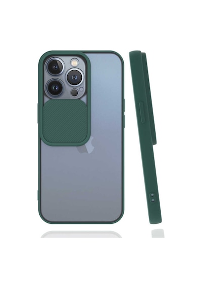 Noktaks - Apple Uyumlu iPhone 13 Pro - Kılıf Slayt Sürgülü Arkası Buzlu Lensi Kapak - Koyu Yeşil