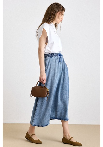Olcay Beli Lastikli Soft Denim Etek Mavi 7068
