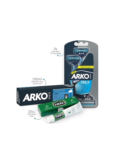 Arko Men T3 Pro3 Tıraş Bıçağı 3'lü + Arko TIraş Kremi Cool 100 ML + Arko Klasik Krem 20 ML