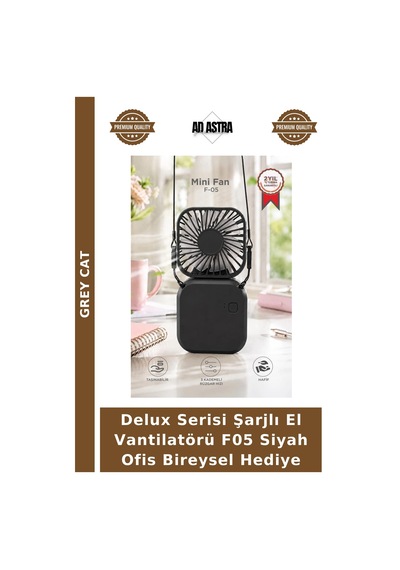 Delux Serisi Şarjlı El Vantilatörü F05 Siyah Ofis Bireysel Hediye