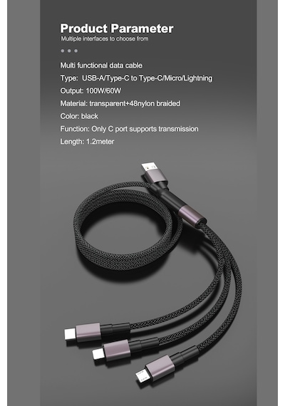 3 In 1 Data Ve Şarj Kablosu 120cm Siyah 120 Cm 3ın1