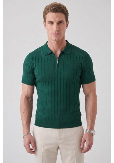 Deepsea Erkek Yeşil Polo Yaka Fermuarlı Çizgi Dokulu Regular Fit Likralı Triko Tişört 2608008