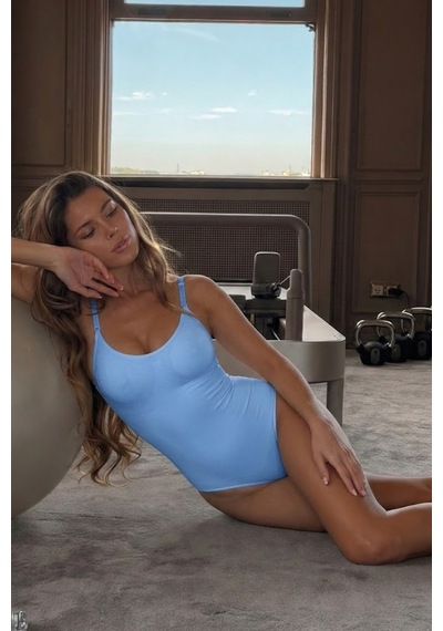 Kadın Slip Elastanlı Vücut Uyumlu Mavi Body