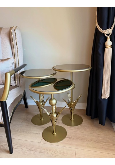 Flora Model 3lü Metal Mat Gold Zigon Sehpa Ayna Yüzey Altın