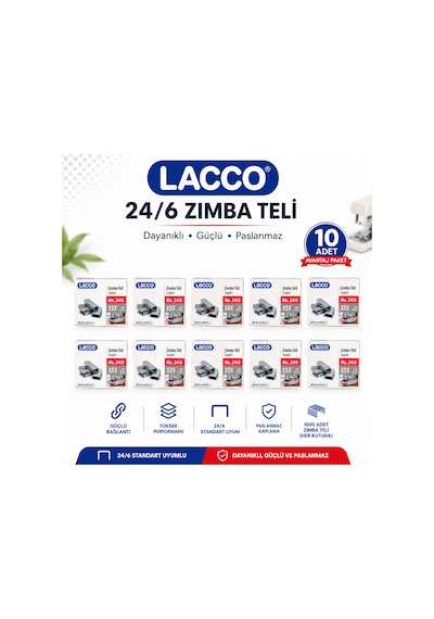 Lacco 24/6 Zımba Teli 10 Kutu 10000 Adet Standart Zımba Teli Dayanıklı Paslanmaz Güçlü Ofis Okul Evrak Zımbası Uyumlu