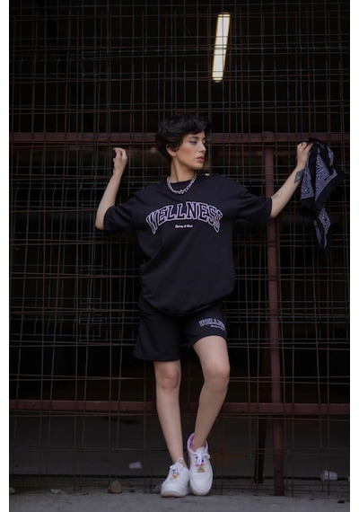 Welness T-shirt Şort - Siyah Alt Üst Kombin Şort Tişört Takım Baskılı Oversize Bisiklet Yaka Siyah