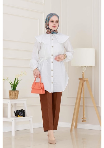 Sevitli Beli Bağcık Detaylı Geniş Yaka Tunik-beyaz-4991 Beyaz