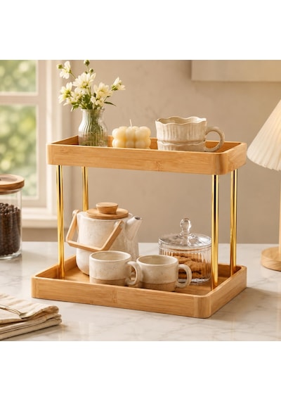 Poomy 2 Katlı Bambu Organizer Standı, Altın Renk Tezgâh Üstü Düzenleyici Raf