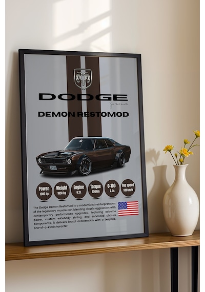 Dodge Demon Restomod Araba Tablosu - Teknik Özellikli Otomobil Poster - Çerçeveli Duvar Dekoru Siyah