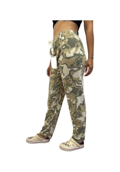 Mihra Kadın Desenli Yumuşak Polar Kışlık Pijama Eşofman Tek Alt Haki