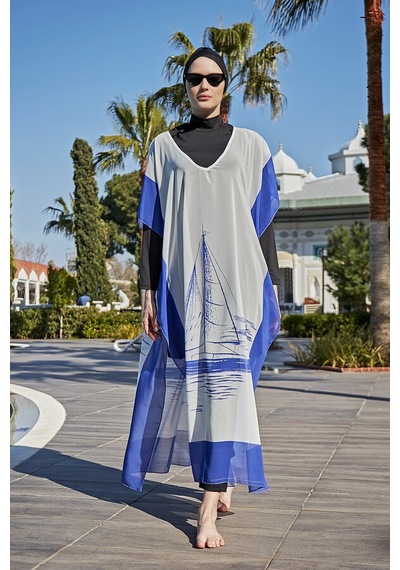 Remsa Tesettür Mayo Üzerine Tasarım Tek Kaftan Pareo Rdp003 Yelkenli Mavi