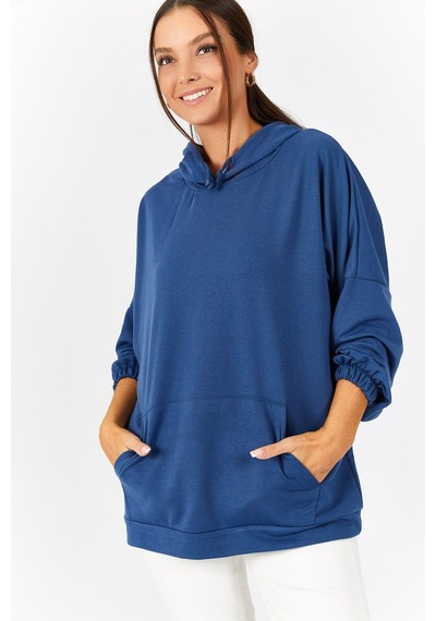 Armonika Kadın Koyu Mavi Kapüşonlu Cepli Sweatshirt Arm-21k024027