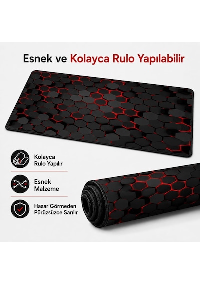 90x40 Cm Mouse Pad, Neon Kırmızı Petek Desenli Büyük Mouse Pad, Kaymaz Kauçuk Tabanlı, Dikişli Kenarlı 3 Mm Klavye Ve Mouse Altlığı, Xxl Desk Mat