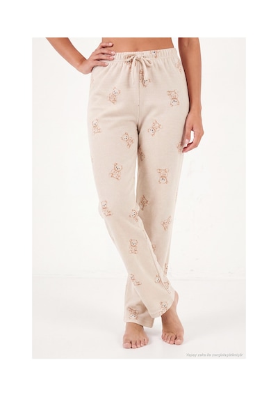 Lela Ayıcık Desenli Lastikli Bel Uzun Kollu Yumuşak Dokulu Pijama Takımı Kadın Pijama Takımı 6575023 Krem