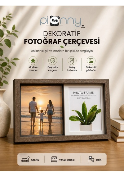 Pionny 2 Fotoğraflı Büyük Boy Sürgülü Dekoratif Ahşap Çerçeve 13x18 Cm Koyu Kahve