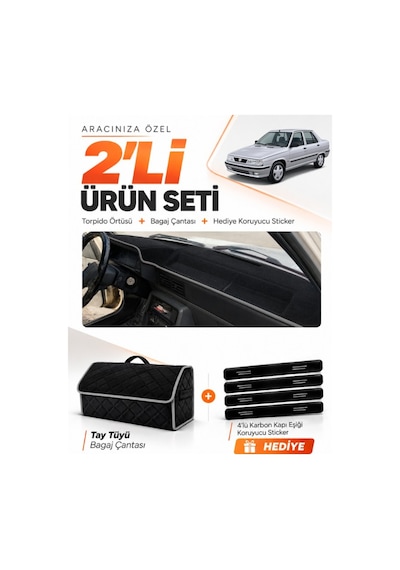 E-biz Renault 9 Broadway 1985-2000 Uyumlu Torpido Örtüsü + Tay Tüyü Çanta - Siyah-gri - Re003