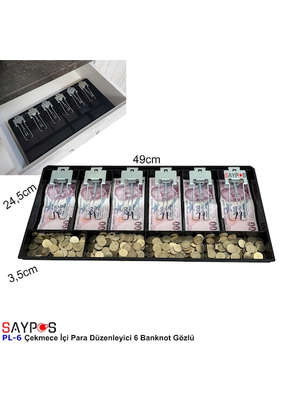 Metal Mandallı Rampalı Çekmece İçi Para Düzenleyici 6 Banknot 4 Bozuk Para Gözlü 49x24,5x3,5cm